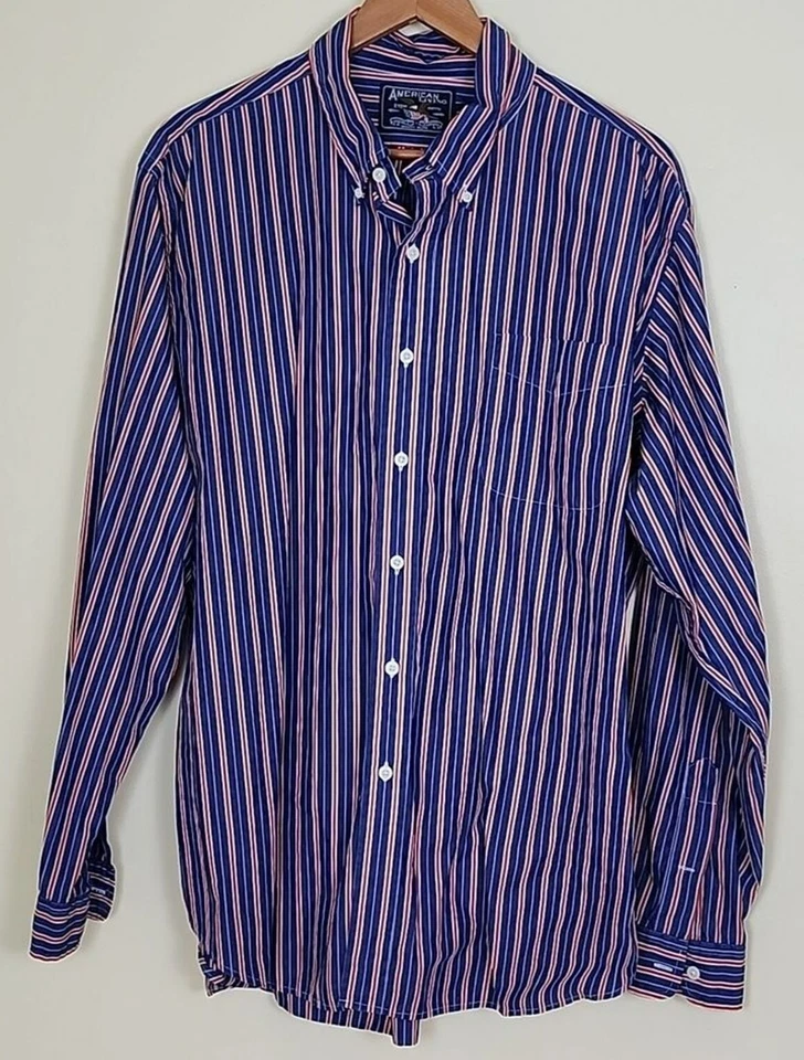 Camisa con botones de oficina a rayas azules, naranjas, blancas American Living para hombre, XXL Foto 2 de 4