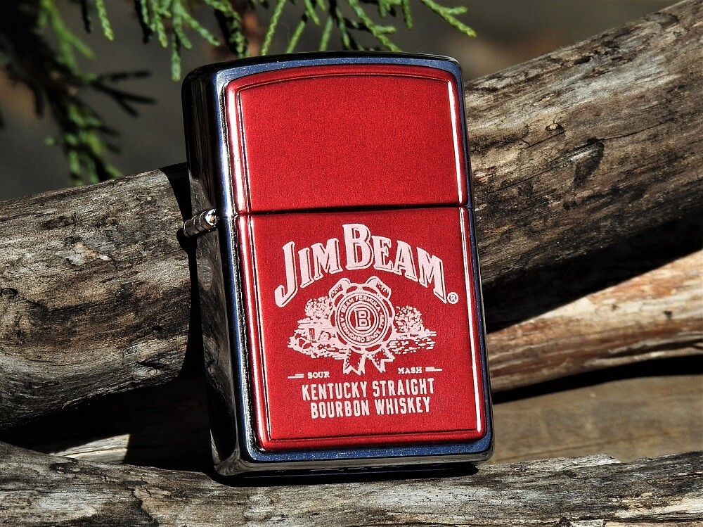 Jim Beam Label Zippo Lighter - Red Anodized - Kentucky Straight