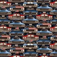 American Muscle Patriotic Muscle Cars On-Coming Cars Cotton Fabric By Half Yard