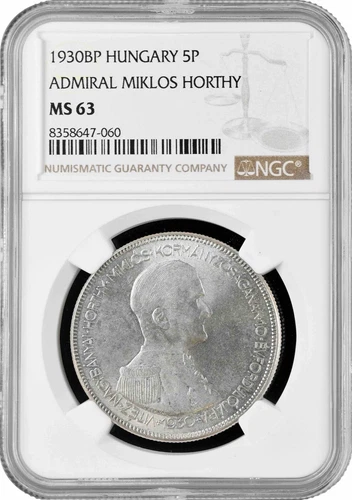 Hungary 5 pengo 1930 BP, NGC MS63, "Admiral Miklos Horthy" silver coin