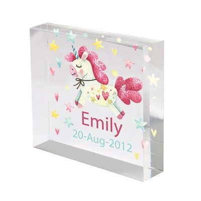 Personalisierter Einhorn Acryl Block, Neu Baby Geschenk, Kinderzimmer Wohndeko Geschenk,