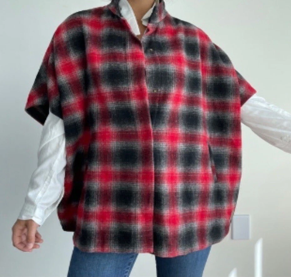 Eddie Bauer Sonoma Plaid Poncho Cape Size Small Wool Blend