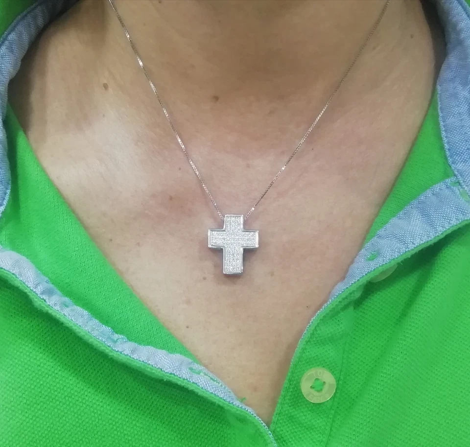 COLLANA CON CROCE SCATOLATA IN ARGENTO 925 DONNA CON ZIRCONI BIANCHI - Immagine 3 di 4