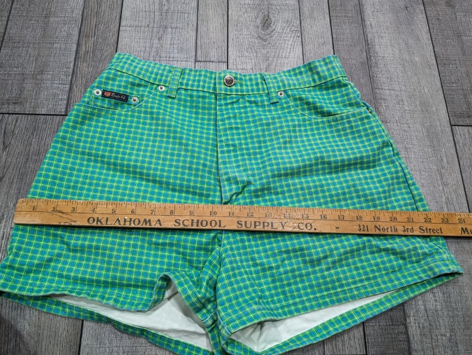 Pantalones cortos vintage Route 66 para mujer tiro alto verde y azul a cuadros Y2K años 90 - talla 13/14 Foto 4 de 4