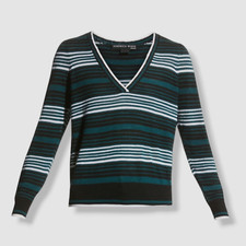 295 Veronica Beard Women's Green Striped V-Neck Merino Wool Sweater Size XL