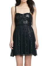 French Connection ~Black Sequins Mesh Overlay Fit & Flare Party Dress 6 NEW $198