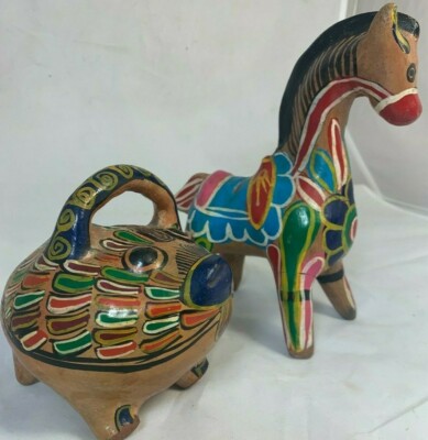 Set of 2 Vintage Handmade Mexican Folk Art Clay Pottery Frog Bank and Horse Bank