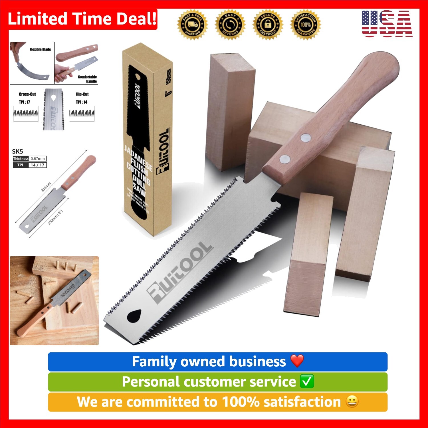 Japanese Hand Saw 6 Inch Double Edge Sided Pull Saw Ryoba SK5 Flexible Blade ...