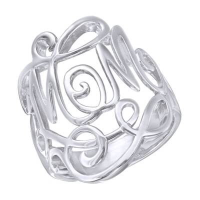 Monogram-Style ''MOM'' Ring in 14K White Gold Plated Sterling Silver