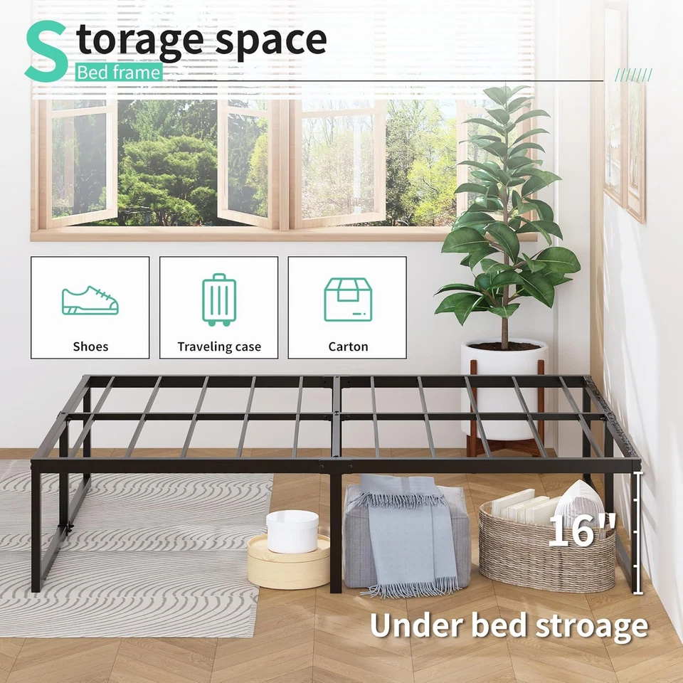 Marco de cama king de 18 pulgadas con falda de cubierta de cama de almacenamiento, placa completa de metal de alta resistencia Foto 3 de 4