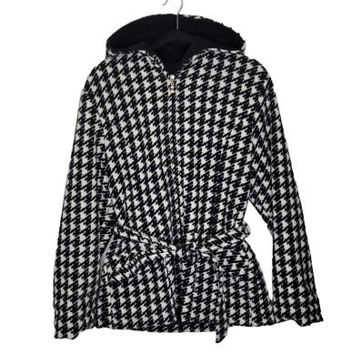 Sandro Hooded French Terry Belted Coat L Houndstooth