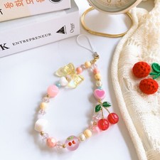 Cherry Phone Strap Charm  Cellphone Jewelry Beads  Beaded Keychain  Lanyard