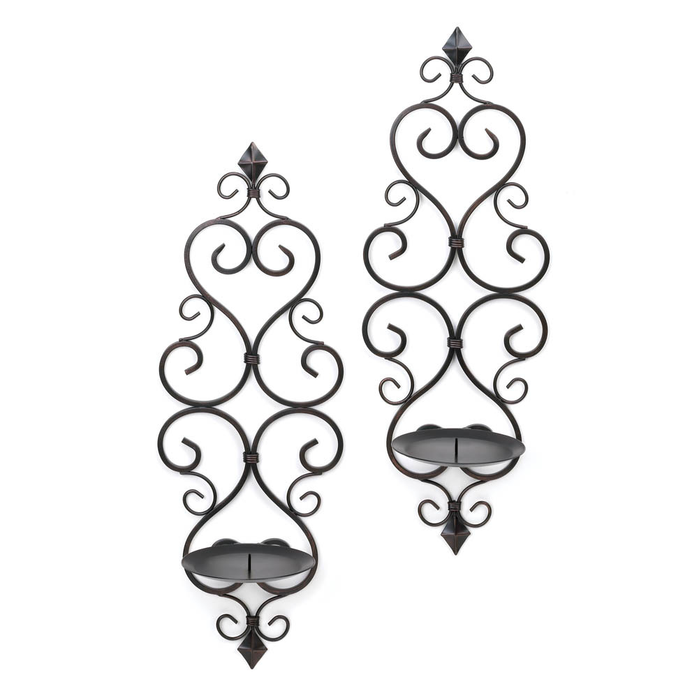2 Black iron Artisanal Sconce WALL mount pillar scrollwork candle holder PAIR