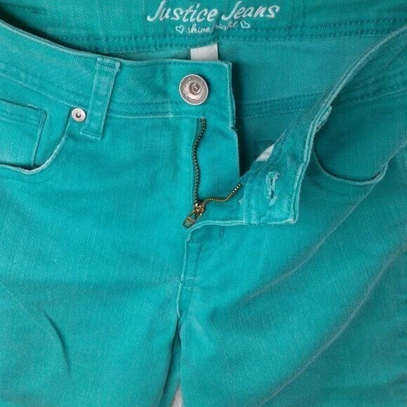 Pantalones de mezclilla Justice Jeans para niñas Capri verde turquesa elásticos simplemente bajos talla 12,5 Foto 4 de 4