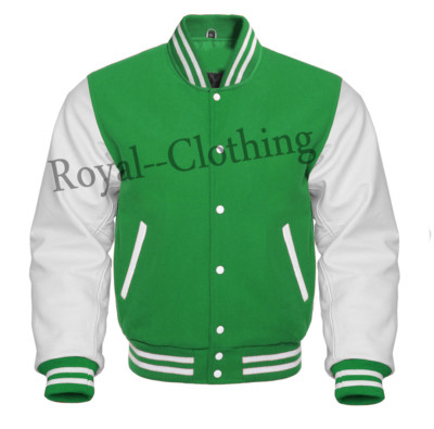 Varsity Letterman Green Wool & Genuine White Leather Sleeves Jacket Sizes XS~7XL