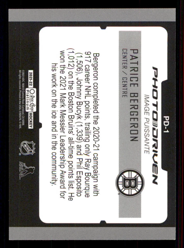 2021-22 O-Pee-Chee Platinum Photo Driven #PD1 Patrice Bergeron - Image 2 of 2