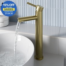 High Rise Tall Basin Mixer Tap for Countertop Round Mono Brushed Brass