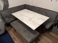 corner dining table and bench set grey white marble effect glass top 6-8 seater