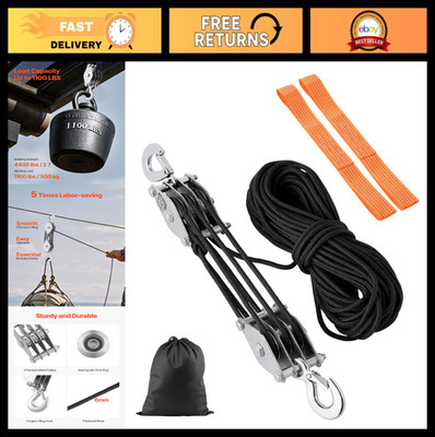 Heavy Duty 4400 lbs Capacity 100FT Rope Pulley Hoist System, 5:1 Lift Power, Met