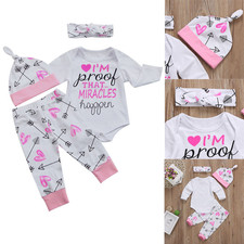 4PCS Newborn Baby Girl Bodysuit Romper Headband Floral Clothes Pants Outfits Set