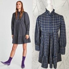 Zara Navy Plaid Checks High Neck Tiered Dress | Women's S