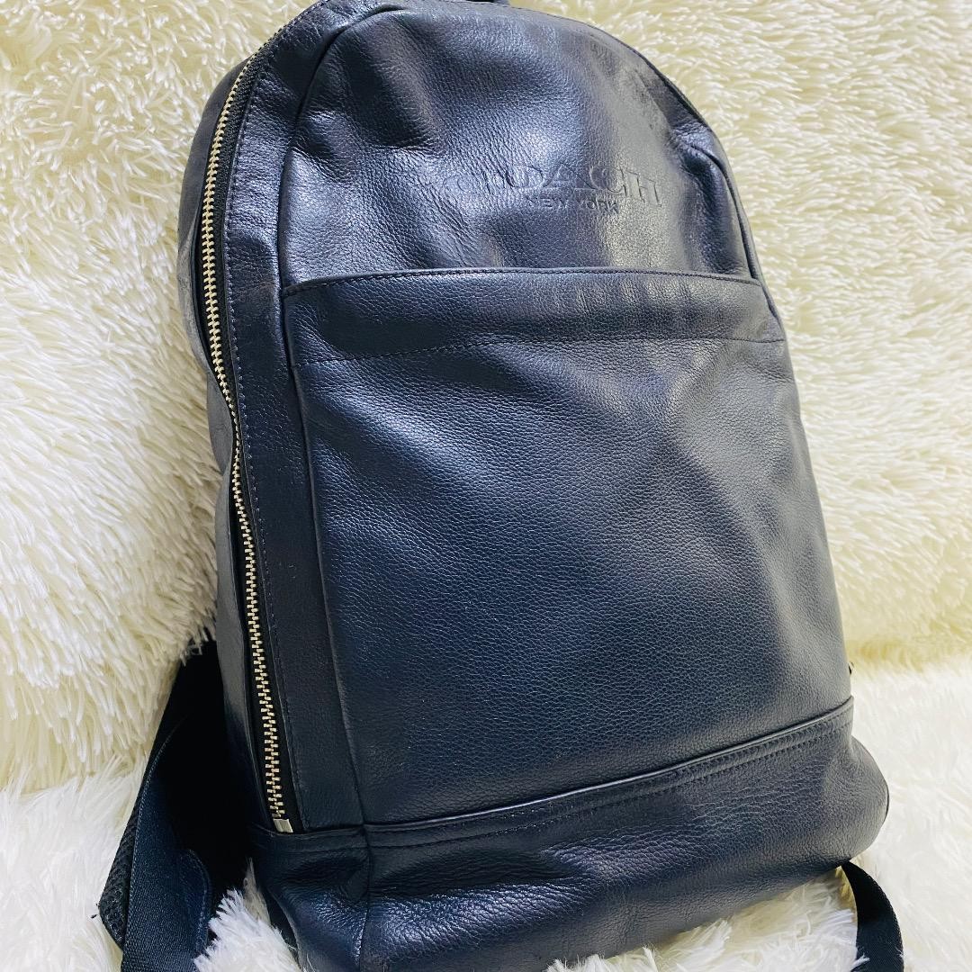 Coach Charles Navy Leather Backpack with Embossed Logo Pre-Owned