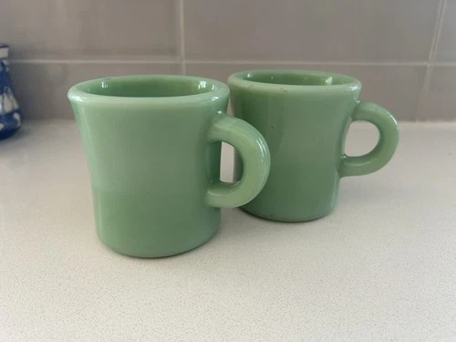 Set of 2 Vintage Fire King Jadeite C Handle Mugs Restaurant Ware