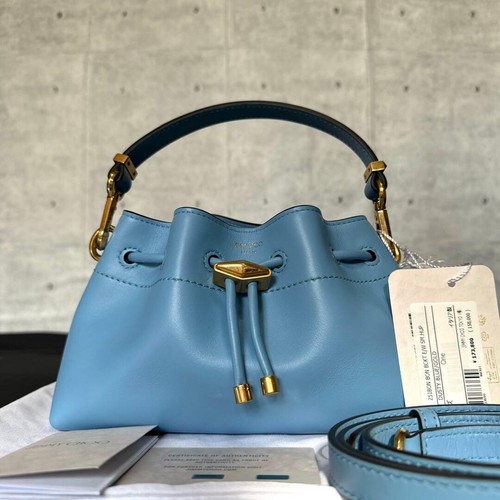 Jimmy Choo Bon Bon Bucket E/W Dusty Blue Leather Gold Hardware Dust Bag