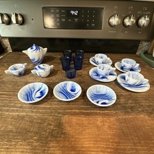 Akro Agate The Little American Maid Vintage Toy Tea Set Cobalt Blue Set Of 19