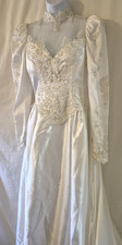 Vintage 90s Wedding Dress ,Satin, Lace Bead Work Long Train Size 12