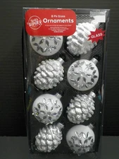 Winter Wonder Lane 8-Pack Woodsy White Silver Glass Pinecones Ornaments