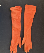 Vintage Womens Size S Orange Nylon 16.5" Long Formal Gloves Ruched Scrunch