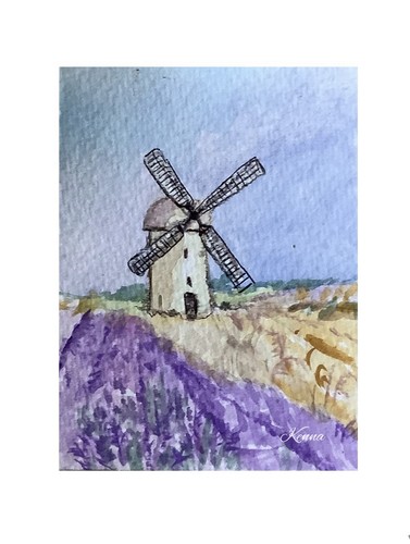 Aceo Original Painting Windmill by Kenna  2.5” X 3.5” Original ÀTC Landscape