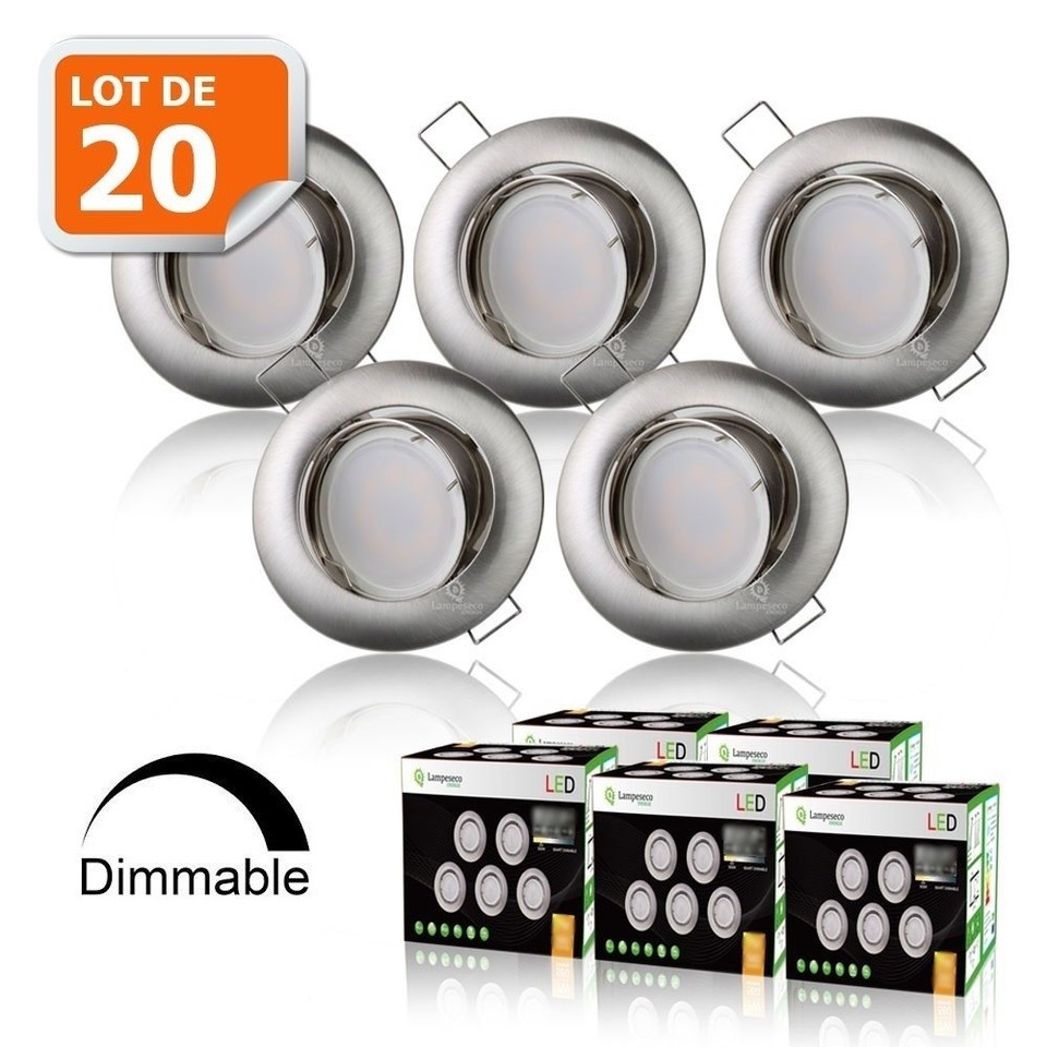 Lot de 20 Spots Encastrable LED Alu Brossé GU10 Dimmable Blanc Neutre