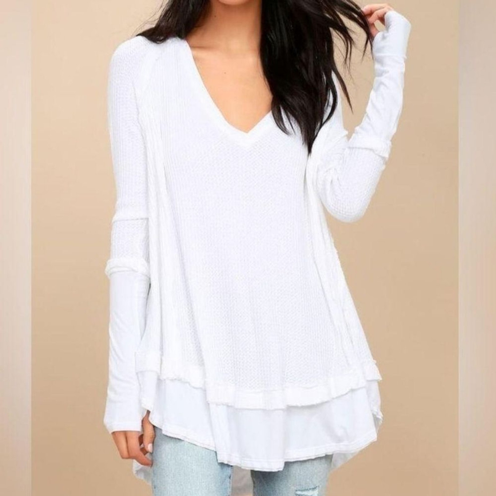 Free People We The Free Laguna Thermal Shirt Women's White Waffle Knit Size M
