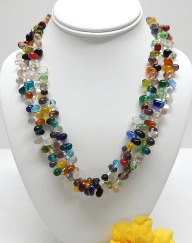Zad Signed Multi Strand Art Glass Teardrop Bead Necklace 18"