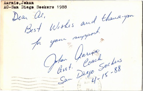 1980's -Johan Aarnio- Signed/Autograph/Auto Postcard San Diego Sockers Soccer