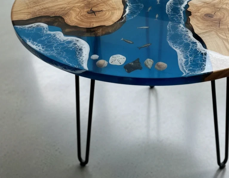 Blue Ocean Resin River Table with Epoxy Wave Effect Furniture For Cafe Decor - Image 3 of 4