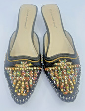 VTG Blue Suede Women  s Size 7 embroidered Genie Mules Slip On Shoes Pumps Black