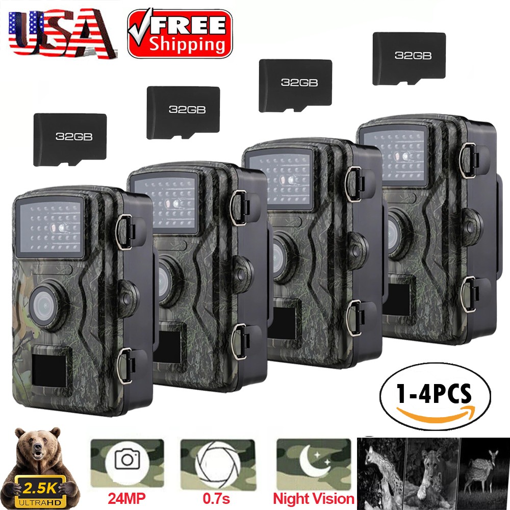 1-4PKS Wildlife Hunting Trail Camera 1440P Game Camera Night Vision + 32GB Card
