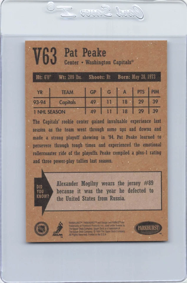 1994/95 Parkhurst #V63 Pat Peake Capitals Signed Auto *J7741 - Image 2 of 2