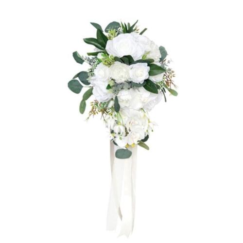 Bouquets de mariage en cascade 12 pouces pour mariée fleurs d'orchidée rose blanche artificielle - Photo 1/11