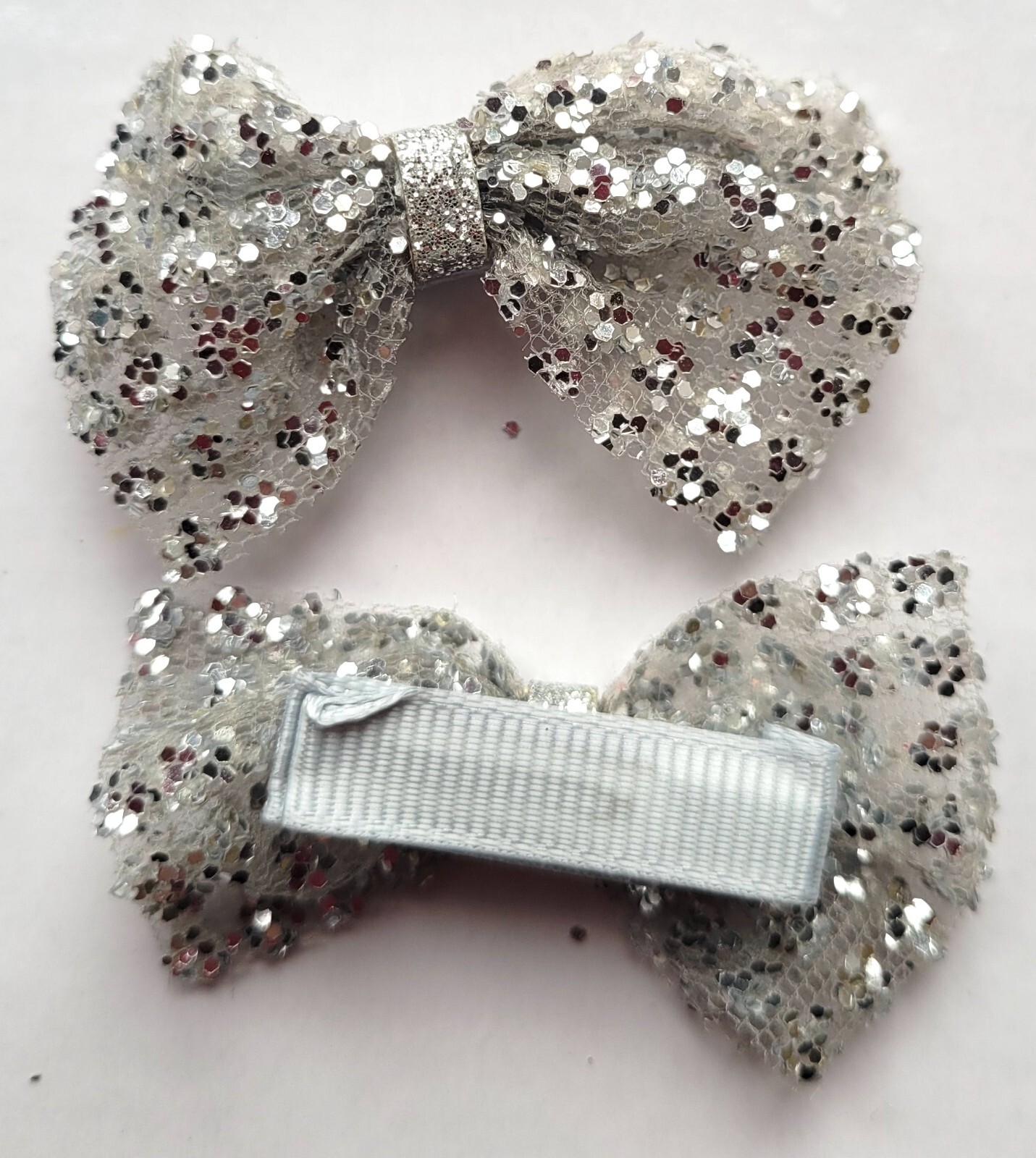 NEW 5.5cm Silver Glitter Net Bow Pair 3.5cm Hair Grips Fork Clip Fashion