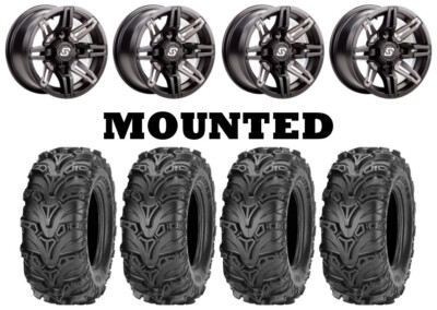 Kit 4 ITP Mud Lite II 2 Tires 27x9-14 on Sedona Rukus Grey 12mm Wheels CAN