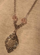 Festooned Silvertn Scallop Oriental Fan Pink Rhinetone Cluster Pendant Necklace