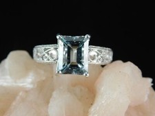 3.15 Ct. Emerald Cut Aquamarine Ring 1920's Style Sterling Silver