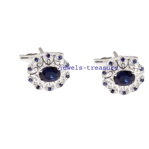 Natural Blue Sapphire Gemstones with 925 Sterling silver Cufflinks for Men's #30 - Picture 4 of 5