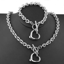 Charming Bracelet Necklace Set Silver S.Steel Oval Chain Womens Solid Heart