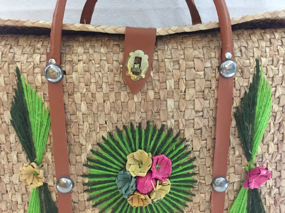 Bolso de Mano Cartera Tejido Paja Playa Picnic Imitación Cuero Doble Correas México De Colección Foto 3 de 4