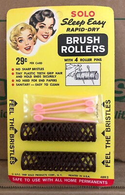 Hair Rollers Curlers Vintage on Display Card Solo Sleep Easy Dry Brush 1959 #B